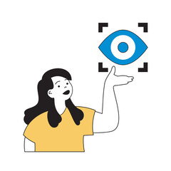 Aufkleber - Virtual reality concept with cartoon people in flat design for web. Woman using eye scan recognition for identity and surveillance. Vector illustration for social media banner, marketing material.