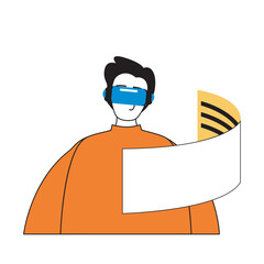 Aufkleber - Virtual reality concept with cartoon people in flat design for web. Man in VR headset interacting with hologram screen with data. Vector illustration for social media banner, marketing material.