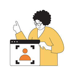 Aufkleber - Virtual reality concept with cartoon people in flat design for web. Woman uses security access with scan camera for human identity. Vector illustration for social media banner, marketing material.