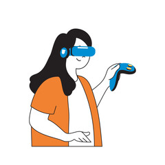 Aufkleber - Virtual reality concept with cartoon people in flat design for web. Woman in VR headset and controllers playing online video games. Vector illustration for social media banner, marketing material.