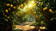 An Ultra-realistic Lemon Grove With Vibrant Yellow Fruits And Glossy Leaves, Illuminated By The Gentle Morning Sunlight - Generative AI
