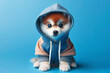 Little Hasky dog with big eyes dressed in a hoodie isolated on a blue background. ai generative