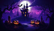 Scary haunted house and jack o lantern pumpkin faces dark background