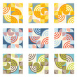 Set of abstract geometric colorful bauhaus designs. Circles and squares. Use for layouts, cards, design elements.