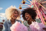 Fototapeta  - Two blonde and brunette girls eating cotton candy at the fair