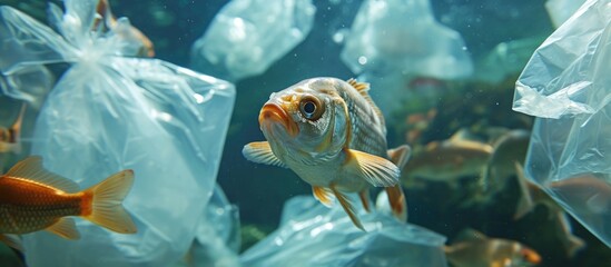 Wall Mural - Ocean pollution from plastic bags affecting fish.