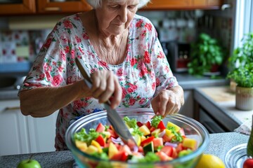 Wall Mural - Portrait, fruit salad and apple with a senior woman in the kitchen of her home for health, diet or nutrition. Smile, food and cooking with a happy mature female pension eating healthy in the house