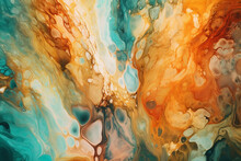 Abstract Background With Blue, Orange And Yellow Paint Mixing In Water