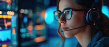 IT Help Desk, Female With Headset And Glasses For Questions On Technology And Data. Cyber Defense, Person Dedicated To Communication, Analysis, And Army Support.
