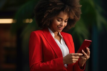 Wall Mural - Confident African businesswoman in red suit with smartphone.