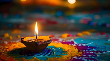 Wall Mural - a lit candle sitting on top of a colorful table cloth