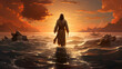 Jesus Christ walks on water on a dramatic sunset - Far view - no sun 