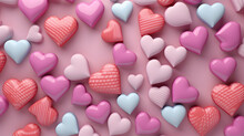 Multicolored Heart Background. Valentine Wallpaper With Pink, Polka Dot And Striped Love Hearts. 3D Render