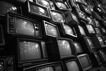 Wall Mural - a black and white photo capturing a wall filled with vintage televisions. perfect for illustrating t