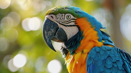 Canvas Print - A colorful parrot with blue and yellow feathers perched on top of a tree. Perfect for nature-themed designs and tropical illustrations