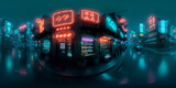 Fototapeta  - Full 360 degrees seamless spherical panorama HDRI equirectangular projection of Cyberpunk Night City Tron Future. Texture environment map for lighting and reflection source rendering 3d scenes.