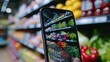 A person capturing a photo of fresh vegetables in a grocery store. Perfect for illustrating healthy eating, food shopping, and culinary concepts
