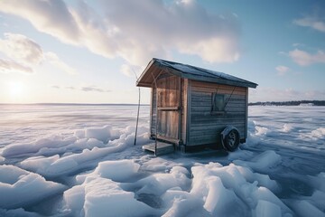 Poster - A small house is seen sitting in the center of a frozen lake. This image can be used to depict solitude, winter landscapes, or remote living