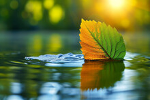 Closeup Photo Of A Yellow And Green Leaf Floating On The Surface Of The Water, Sunny Natural Light