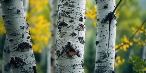 Wall Mural - White birch trees with yellow leaves in the background. Perfect for nature and autumn-themed designs
