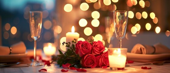 Wall Mural - Romantic Ambiance. A Table Set with Candles and Flowers for a Intimate Valentine's Day Dinner for Two, Enhanced by a Pastel Bokeh Background.