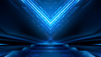Wall Mural - abstract scene from rays of light with stairs, blue neon, spotlights.