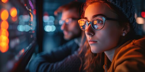 Canvas Print - A woman wearing glasses and a man looking at a computer screen. Generative AI.