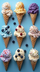 Poster - Different flavors of ice cream in waffle cones. Generative AI.