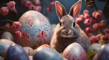 Poster - A bunny is sitting in front of some colorful eggs. Generative AI.