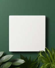 Wall Mural - Blank white square on green wall with plants. Generative AI.