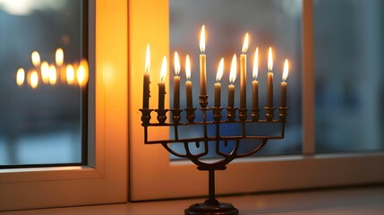 Wall Mural - a lit menorah sitting in front of a window