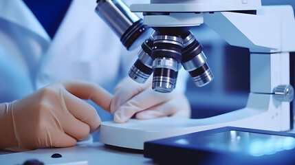 Wall Mural - Scientist hands with microscope close-up shot in the laboratory