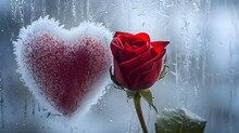 A Red Rose Sitting Next To A Heart Shaped Window