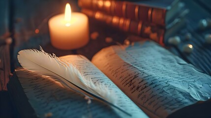 Wall Mural - an open book with a feather resting on it next to a lit candle