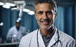 An image of a modern doctor in a white coat, the chief physician, surrounded by a modern medical clinic emitting an atmosphere of professionalism. The doctor looks cheerful and confident