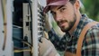 © NickArt - HVAC mechanic repair service man standing outfoors next to the air conditioner or heat pump in safety gloves looking at camera