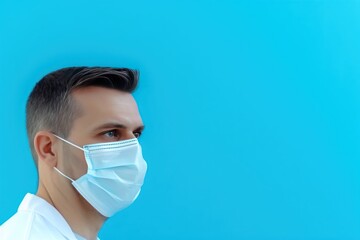 Wall Mural - Young man in medical mask on blue background. Coronavirus concept with copy space. Medical Mask. Pandemic Concept with copy space. Healthcare Concept. Epidemic Concept. Copy Space.