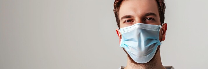 Wall Mural - Portrait of a young man in a medical mask on a gray background with copy space. Medical Mask. Pandemic Concept with copy space. Healthcare Concept. Epidemic Concept. Copy Space.