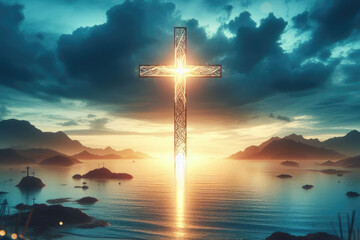 The crucifix symbol of Jesus on the sunset sky background.