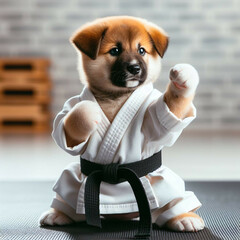 Wall Mural - Illustration of black belt karate master puppy in combat stance, generative AI