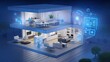 © Svetlana - Smart home technology conceptual banner. Building consists digits and connected with icons of domestic smart devices. illustration concept of System intelligent control house on blue background