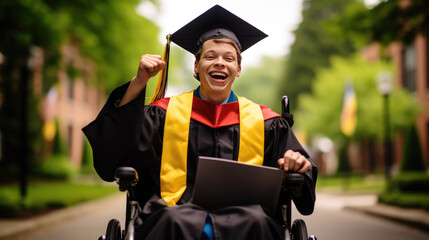 Wall Mural - Joyful graduate in a wheelchair, wearing a graduation gown and cap, holding a diploma, and raising a fist in celebration