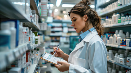 Poster - Female pharmacist or healthcare professional taking inventory or reviewing a clipboard in a pharmacy with shelves stocked with various medications.