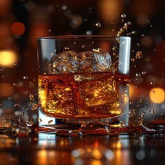 Canvas Print - Elegant glass of whiskey with ice splashing on table, amber liquor pour. capturing motion and luxury. AI