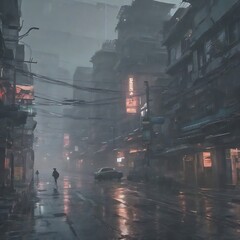 Cyberpunk streets illustration futuristic city dystoptic artwork at night wallpaper rain foggy moody empty future