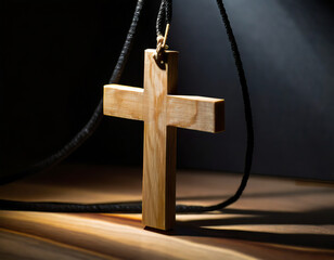 Poster - Wooden holy cross on a black background. Symbol of faith.