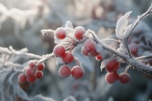 Closeups Of Winter Berries And Plants Covered In. Generative Ai