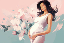 Pregnancy And Future Motherhood. A Hand-drawn Sketch Of A Pregnant Woman In A Dress. Colorful Illustration. A Place For Your Text. Floral Background.