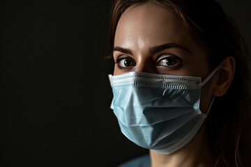 Wall Mural - Portrait of young beautiful woman in medical mask on dark background with copy space. Medical Mask. Pandemic Concept with copy space. Healthcare Concept. Epidemic Concept. 