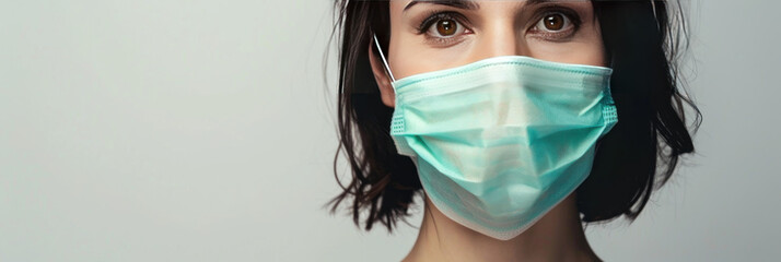 Wall Mural - Young woman in protective mask on white background. Coronavirus concept